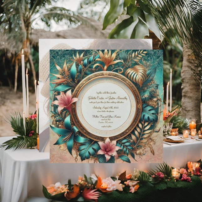 Tropical Elegance Round Frame Wedding Invitation (Creator Uploaded)