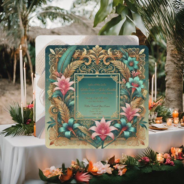 Tropical Elegance Square Frame Wedding Invitation (Creator Uploaded)