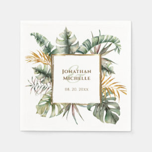 Tropical Elegant Green Palms Gold Frame Wedding Napkin
