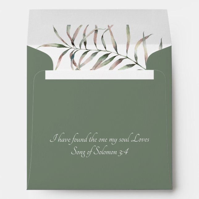 Tropical Elegant Palm Bible Verse Wedding Green Envelope (Back (Bottom))