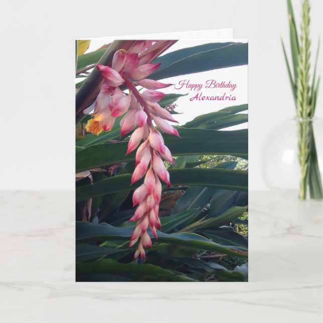 Tropical Elegant Pink Flowers Birthday Card (Front)