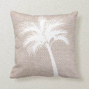 Tropical Elegant Taupe Herringbone & Palm Tree Cushion