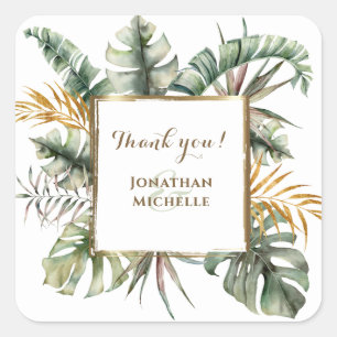 Tropical Elegant Watercolor Palms Thank You Square Sticker