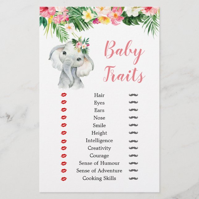 Tropical Elephant Girl Baby Shower Baby Traits (Front)