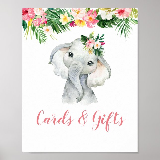 Tropical Elephant Girl Baby Shower Cards & Gifts Poster (Front)
