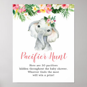 Tropical Elephant Girl Baby Shower Pacifier Hunt Poster