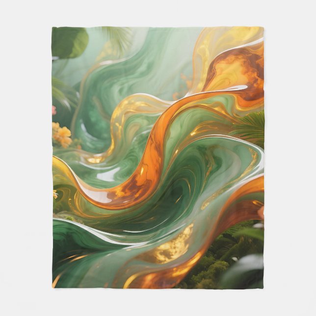 Tropical Emerald Amber Swirl Fleece Blanket (Front)