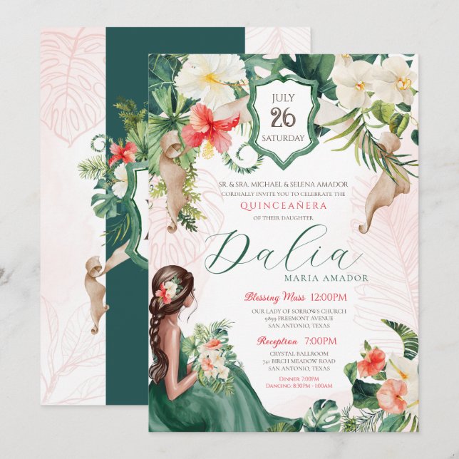 Tropical Emerald Green Floral Island Quinceañera Invitation (Front/Back)