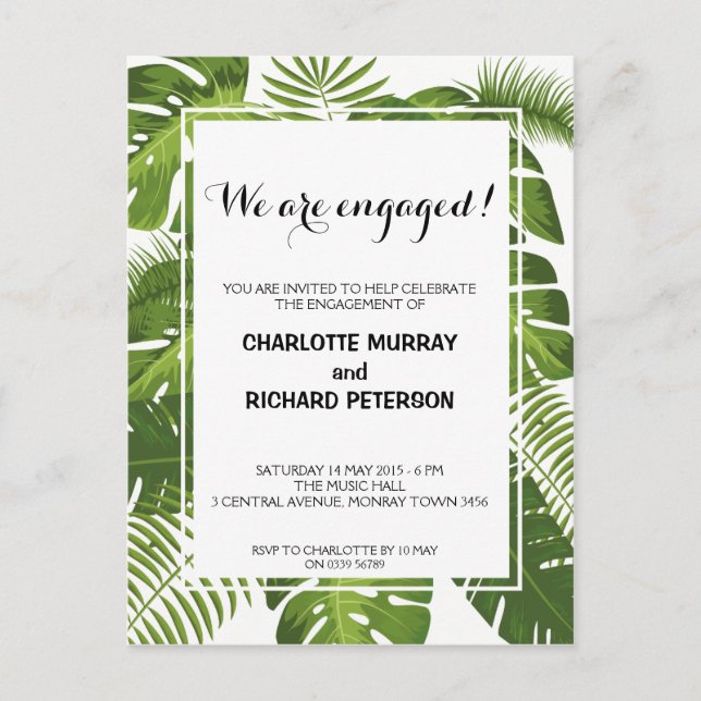 Tropical engagement party invitation postcard (Front)