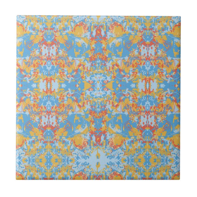Tropical Ethnic Blue abstract pattern ceramic tile (Front)