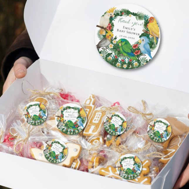 Tropical Exotic baby Wild Parrots Baby Shower Squa Classic Round Sticker (Creator Uploaded)