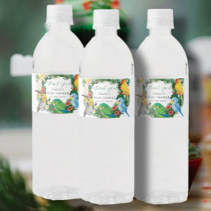 Tropical Exotic baby Wild Parrots Baby Shower Squa Water Bottle Label