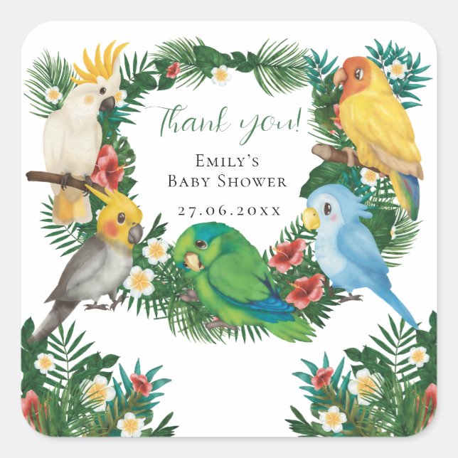 Tropical Exotic baby Wild Parrots Baby Shower Square Sticker (Front)