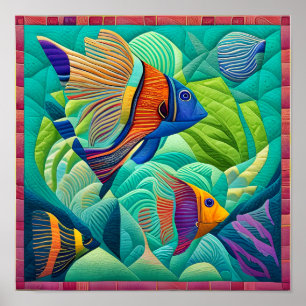 Tropical Exotic Fish in Mint Green Quilt Block Poster