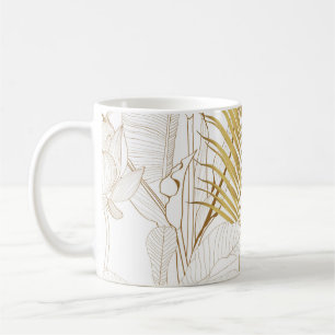 Tropical exotic floral line golden palm leaves and coffee mug