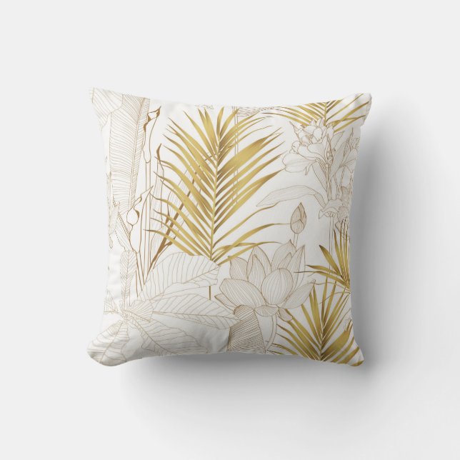 Tropical exotic floral line golden palm leaves and cushion (Front)