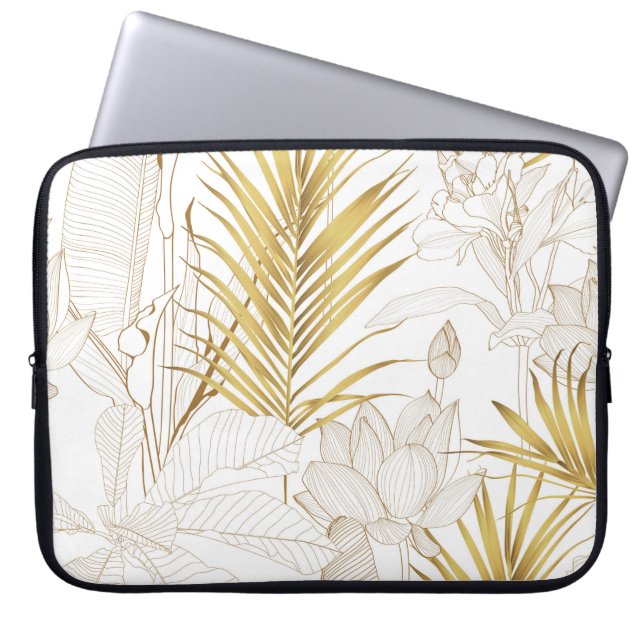 Tropical exotic floral line golden palm leaves and laptop sleeve (Front)