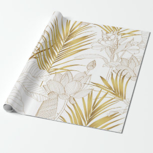 Tropical exotic floral line golden palm leaves and wrapping paper