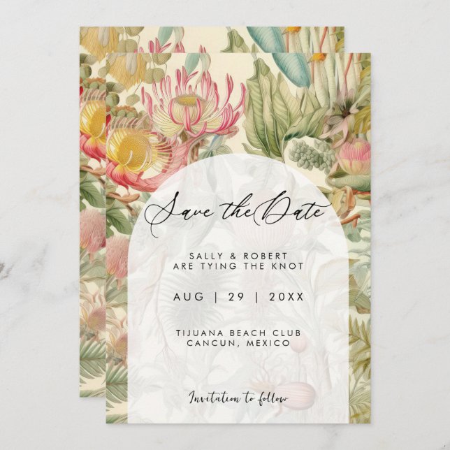 Tropical exotic florals save the date card (Front/Back)