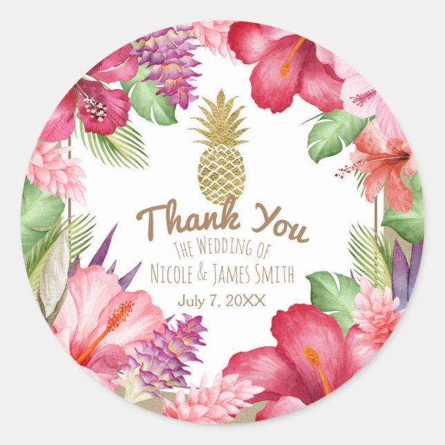 Tropical Exotic Flowers & Gold Pineapple Elegant Classic Round Sticker (Front)