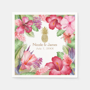 Tropical Exotic Flowers & Gold Pineapple Elegant Napkin