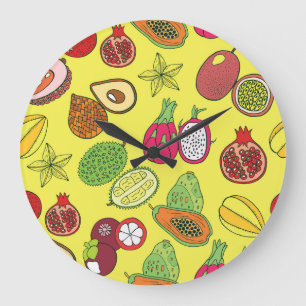 Tropical Exotic Fruits Hand-Drawn Pattern Large Clock