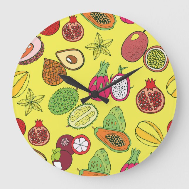 Tropical Exotic Fruits Hand-Drawn Pattern Large Clock (Front)