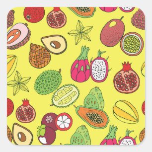 Tropical Exotic Fruits Hand-Drawn Pattern Square Sticker