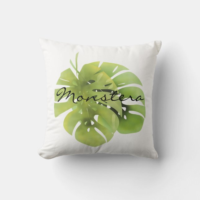 Tropical exotic green monstera leaves watercolor e cushion (Front)