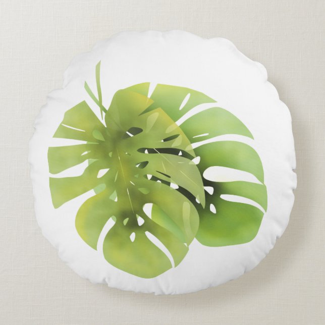 Tropical exotic green monstera leaves watercolor e round cushion (Front)