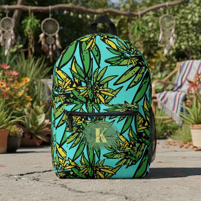 Tropical Exotic Green Yellow Leaves on Turquoise  Printed Backpack (Creator Uploaded)