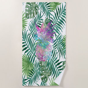 Tropical Exotic ,Palm Leaves, Pineapple Beach Towel