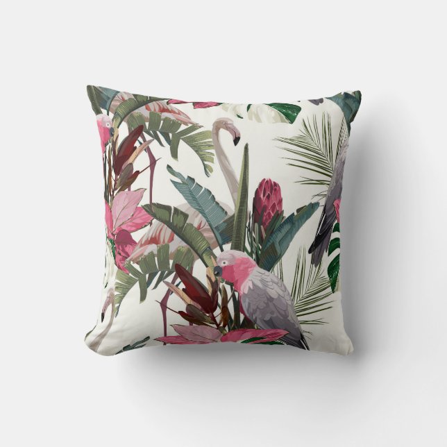 Tropical exotic pattern with parrot, flamingo cushion (Front)