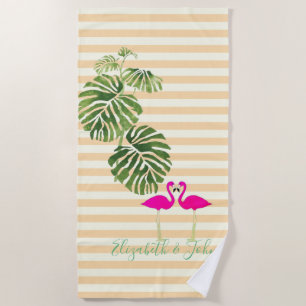 Tropical Exotic ,Striped ,Flamingos-Personalised Beach Towel