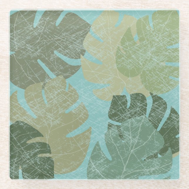 Tropical Faded Leaves Glass Coaster (Front)
