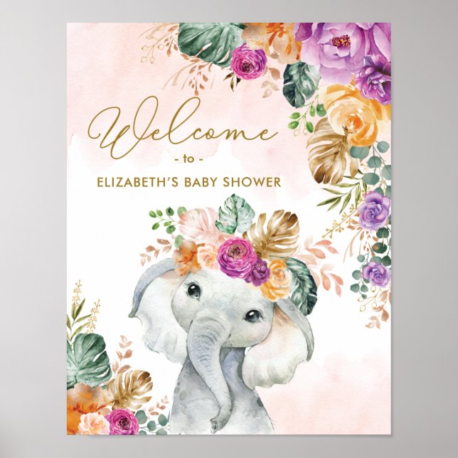 Tropical Fall Floral Elephant Baby Shower Welcome Poster (Front)