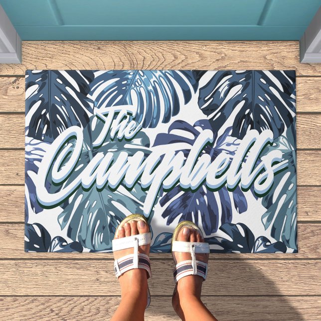 Tropical Family Name Blue White Palm Leaves Doormat (Family name doormat with blue palm leaves)