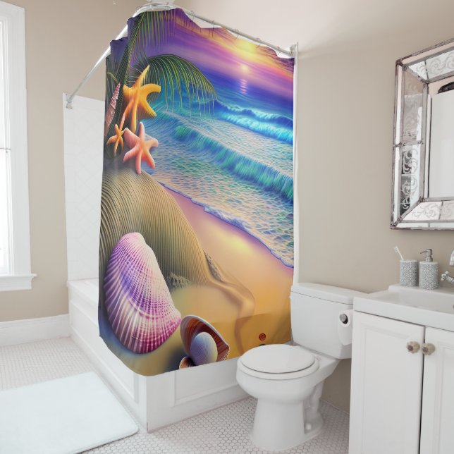 Tropical Fantasy Beach Sunset Shower Curtain (In Situ)
