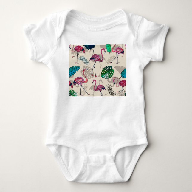 Tropical Fantasy: Flamingo Leaf Pattern Baby Bodysuit (Front)