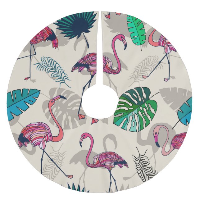 Tropical Fantasy: Flamingo Leaf Pattern Brushed Polyester Tree Skirt (Front)