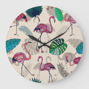 Tropical Fantasy: Flamingo Leaf Pattern Large Clock