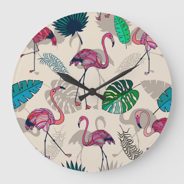 Tropical Fantasy: Flamingo Leaf Pattern Large Clock (Front)