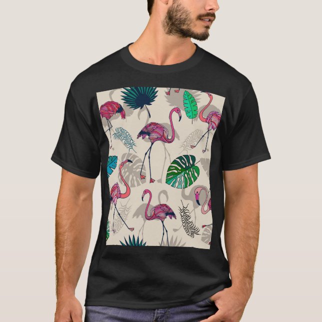 Tropical Fantasy: Flamingo Leaf Pattern T-Shirt (Front)