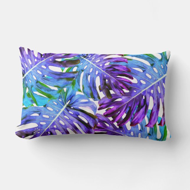 Tropical Fantasy Paradise Monstera Leaves Modern Lumbar Cushion (Front)