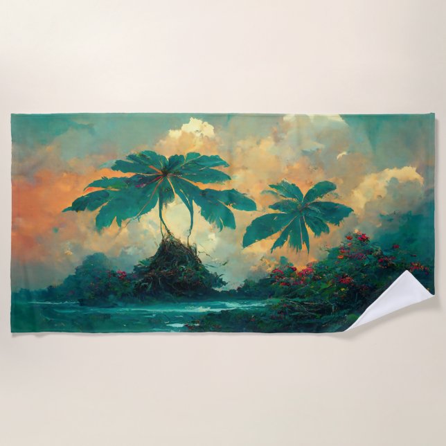 Tropical Fantasy Sea & Palm Trees Beach Towel (Front)