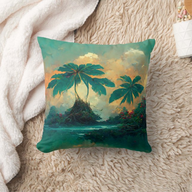 Tropical Fantasy Sea & Palm Trees Cushion (Blanket)