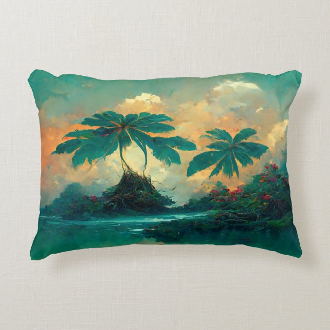 Tropical Fantasy Sea & Palm Trees Decorative Cushion (Front)