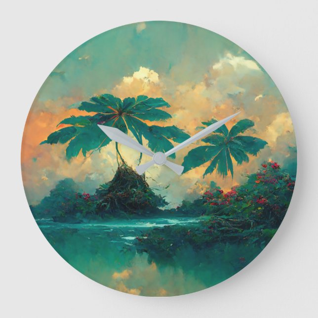 Tropical Fantasy Sea & Palm Trees Large Clock (Front)