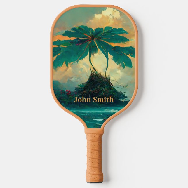 Tropical Fantasy Sea & Palm Trees Monogram Pickleball Paddle (Front)