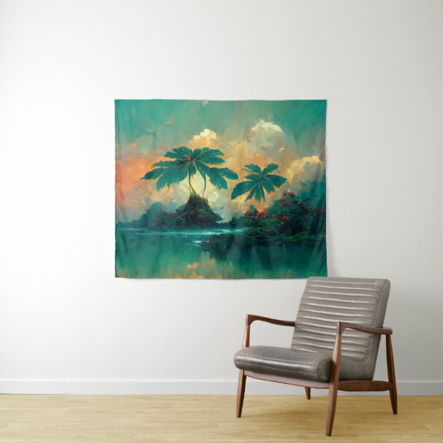 Tropical Fantasy Sea & Palm Trees Tapestry (In Situ (Horizontal))